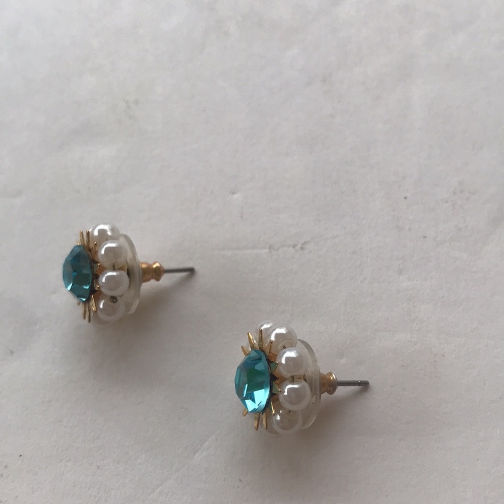Y2k Betsey Johnson Stud Pearl Blue Gold Gem Tiffany Teal Vintage Sun Star Burst - Picture 5 of 12